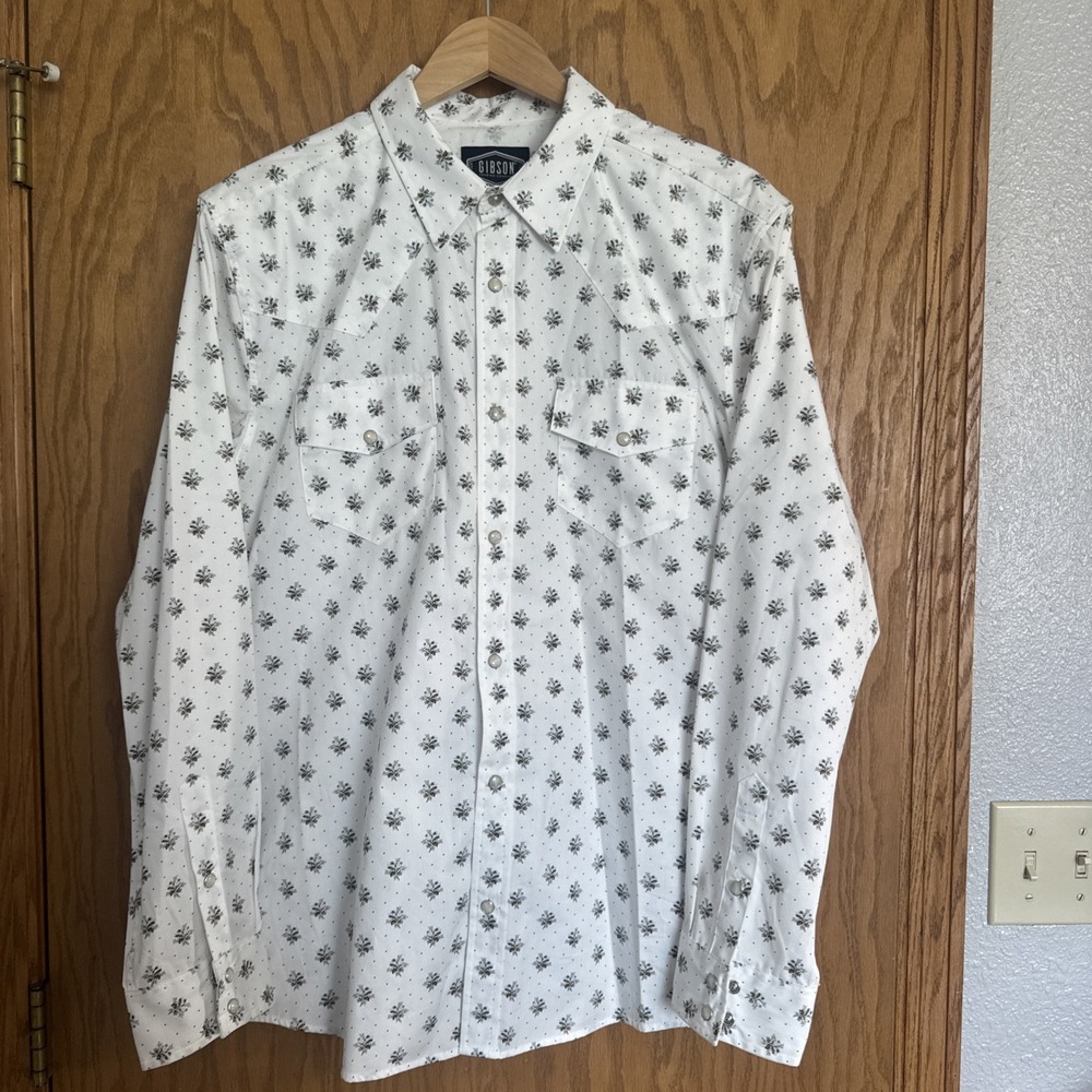 Gibson Pearl Snap Western Shirt Mens Sz Large Off White Long Sleeve Blue Floral